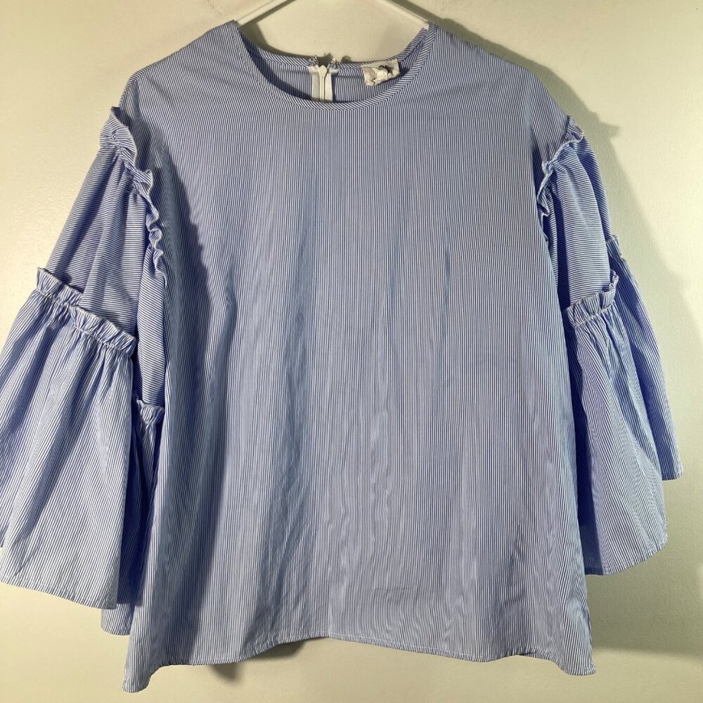 Womens Anthropologie‎ DRA Los Angeles Bell Ruffle Sleeve Striped Blouse S